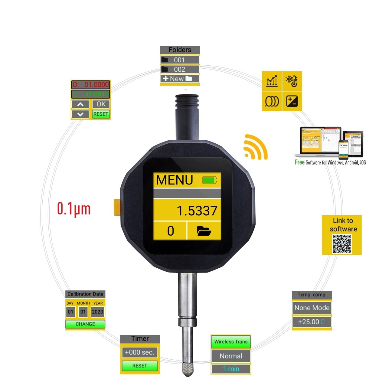 Sub-micron computerized indicator .003mm/.0001inch Resolution 0-25.4mm/0-1 inch