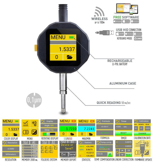 Sub-micron computerized indicator .003mm/.0001inch Resolution 0-25.4mm/0-1 inch